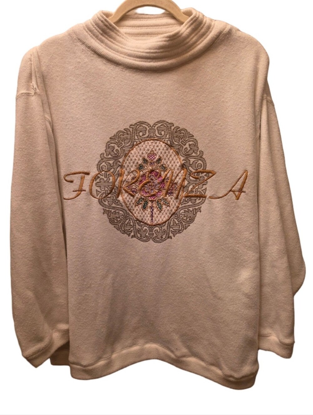 Vintage 90s Forenza Cream Embroidered Mock Neck Oversized Sweater